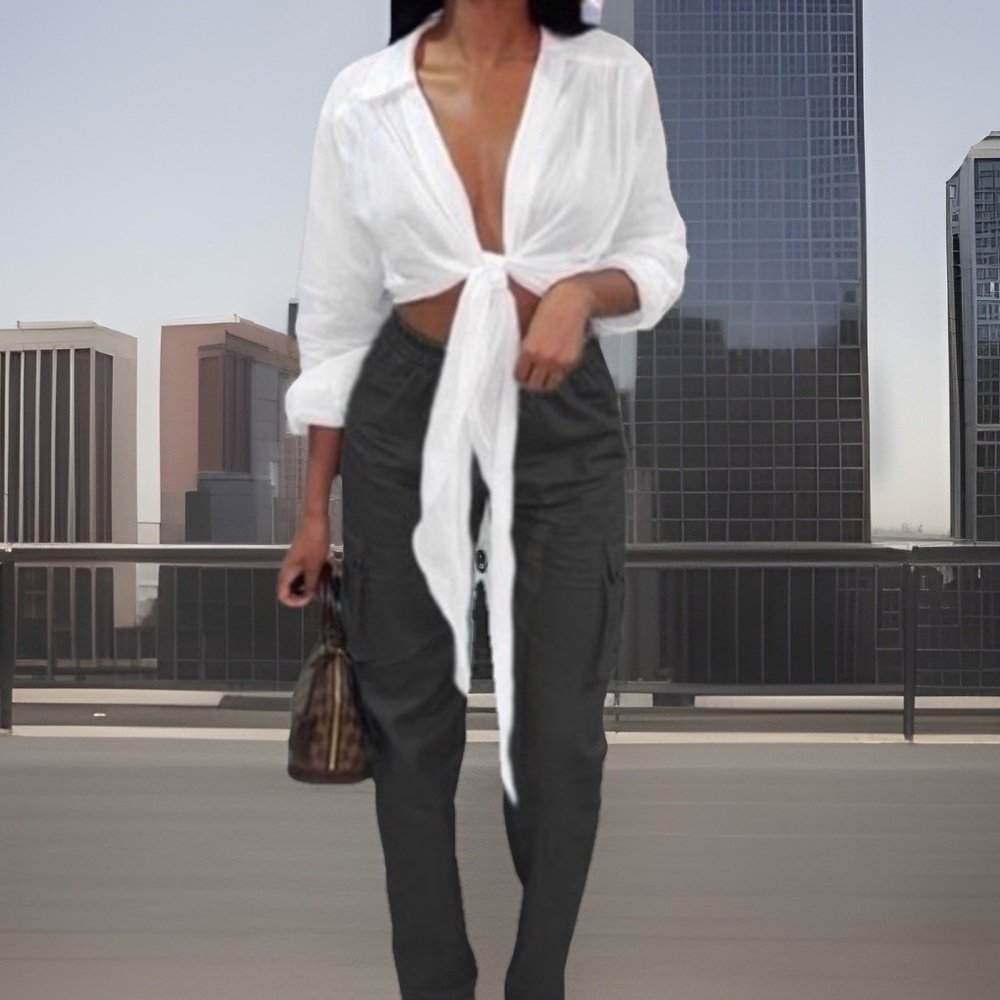 White Turn Down Collar Button Down Semi Sheer That Ties In The Front Crop Shirt
